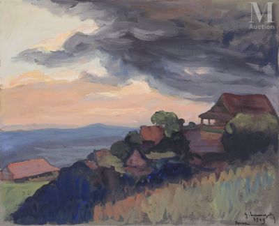 an oil painting of a house on a hill with a cloudy sky in the background