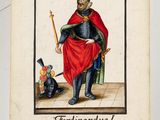 an old book with a picture of a man in a crown and a dog