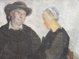 painting of a man and a woman sitting at a table