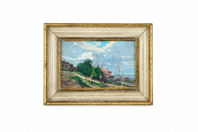 a painting of a landscape with a house and trees in the foreground