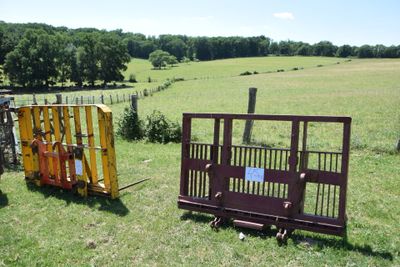 fenced in area with a field of green grass and trees in the background