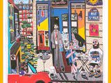 un tableau représentant un homme debout devant un magasin
