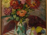 painting of flowers in a vase on a table with a plate of fruit