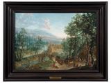 an oil painting of a landscape with a river and a town in the distance