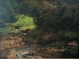 a painting of a stream running through a wooded area