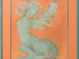 a picture of a painting of an angel on an orange background