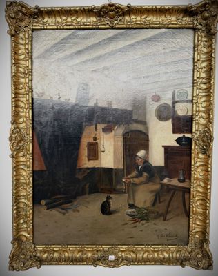 painting of a man sitting at a table in a room with a cat