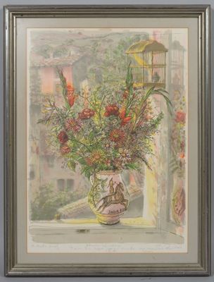 tableau représentant un vase de fleurs posé sur un rebord de fenêtre, avec une cage à oiseaux en arrière-plan