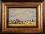an oil painting of a group of people sitting on a beach