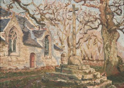 an oil painting of a church with a tree in the foreground