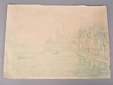 dessin représentant un bateau sur une rivière, avec des arbres en arrière-plan