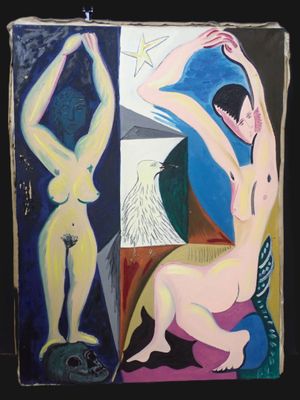 un tableau représentant une femme assise sur un tabouret à côté d'un tableau représentant un homme