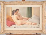 painting of a nude woman sitting on a bed in a room