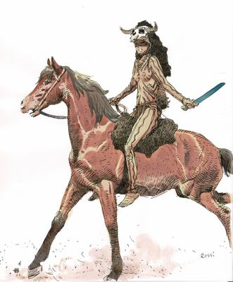 un dessin représentant un homme à cheval, muni d'une épée