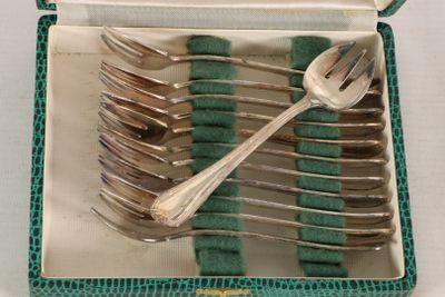 silverware in a green box with a spoon and fork inside