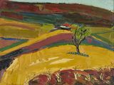 une peinture à l'huile représentant un champ jaune avec un arbre solitaire au loin
