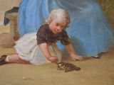 a painting of a little girl playing with a bird