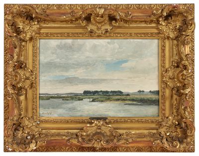 a painting of a river with a bridge in the distance