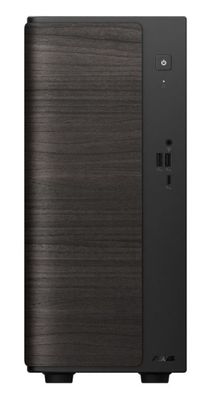 un ordinateur de bureau noir posé sur une surface blanche