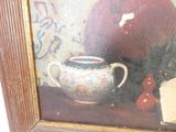 a painting of a vase and a book on a table