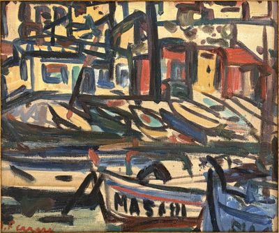 an oil painting of boats in a harbor with buildings in the background