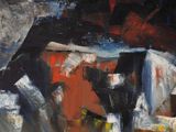 an oil painting of a black and white cat sitting on a table