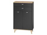 une commode noire à deux tiroirs avec un plateau en bois