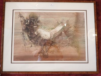 tableau représentant un oiseau, encadré et posé sur un tapis rouge