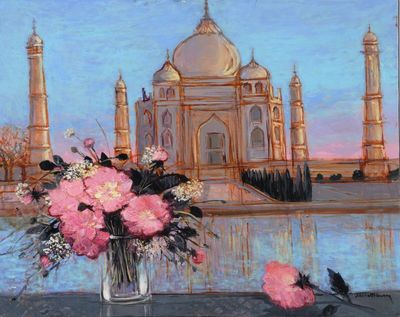 un tableau représentant un vase de fleurs devant le Taj Mahal