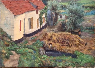 a painting of a house with a red roof and a pile of hay in front of it