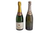two bottles of champagne sitting next to each other on a white surface
