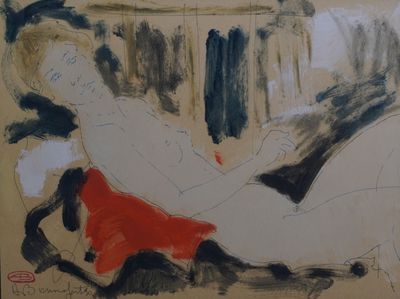 painting of a woman in a red dress sitting on a couch