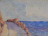 an image of a watercolor painting of a rocky cliff by the ocean