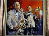 painting of two men in tuxedos playing instruments in front of a red background