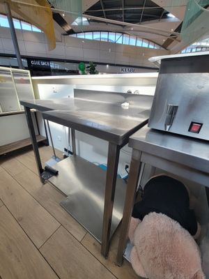 une photo d'une cuisine professionnelle équipée de plans de travail et d'appareils électroménagers en acier inoxydable