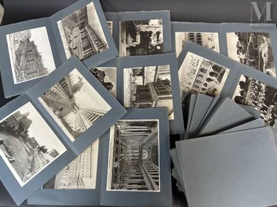 several black and white photographs of a bunch of stairs and a clock tower
