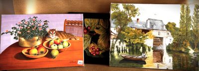 three paintings on a shelf with a cat and a bowl of fruit
