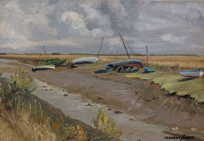 un tableau représentant des bateaux au bord de l'eau
