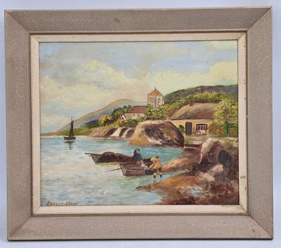 an oil painting of a boat on a body of water with a house in the background