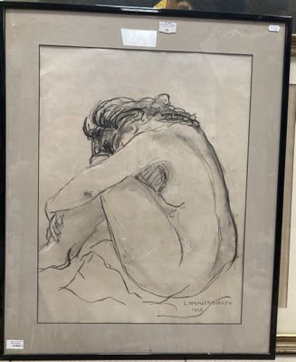 dessin représentant une femme nue assise à genoux, dans un cadre noir