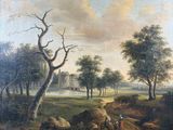 une peinture à l'huile représentant un paysage avec une maison au loin et une personne à cheval au premier plan