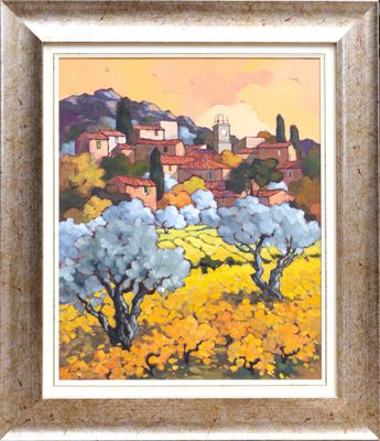 a painting of a landscape with trees and buildings in the background
