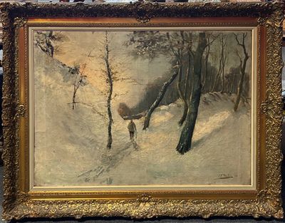 an image of a painting of a man and a dog in the snow