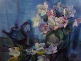 a painting of flowers in a vase on a table
