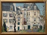 a picture of a painting of a woman walking down the street
