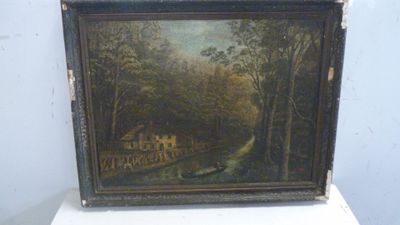 peinture représentant un paysage avec une maison et un ruisseau au premier plan