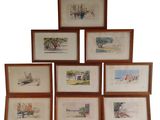 six aquarelles encadrées représentant des bateaux sur fond blanc
