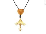 gold plated cross and heart pendant on a black cord necklace