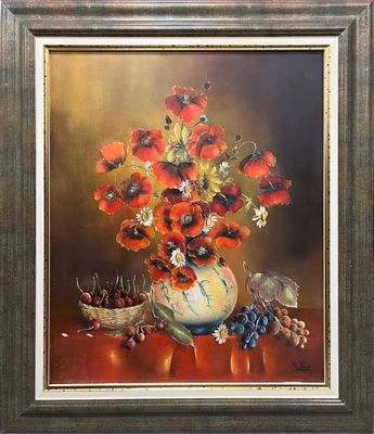 painting of flowers in a vase with fruit and nuts on a table