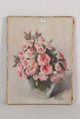 une peinture de fleurs roses dans un vase sur une table